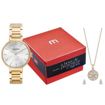 Kit Relógio Mondaine Feminino Dourado Mostrador Prata Marcadores em Cristais Á Prova d'água 32797LPMKDE1