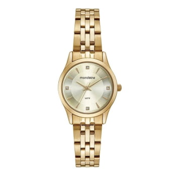 Kit Relógio Mondaine Feminino Dourado Pequeno com Cristais Á Prova d'água 32607LPMKDE1