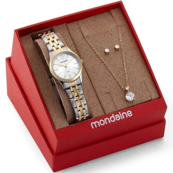 Kit Relógio Mondaine Feminino Bicolor Dourado e Prateado Pequeno com Cristais Visor Prateado Á Prova d'água 32720LPMKBE3