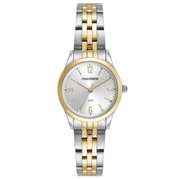 Kit Relógio Mondaine Feminino Bicolor Dourado e Prateado Pequeno com Cristais Visor Prateado Á Prova d'água 32720LPMKBE3