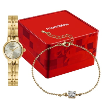 Kit Relógio Mondaine Feminino Dourado Pequeno Minimalista Visor Champanhe  Á Prova d'água 99876LPMKDE1