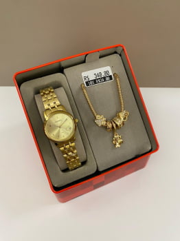 Kit Relógio Mondaine Feminino Dourado Pequeno Patinha no Visor com Numeração e Brilho á Prova D'água 32991LPMKDE1