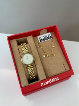 Kit Relógio Mondaine Feminino Dourado Pequeno Visor Branco Minimalista á Prova D'água 32866LPMKDE1