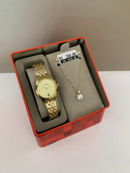 Kit Relógio Mondaine Feminino Dourado Pequeno Visor Champanhe á Prova D'água 99918LPMKDE1