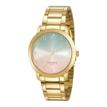 kit Presente Relógio Mondaine Feminino Dourado signo Sagitário a prova d´água 32247LPMKDE3