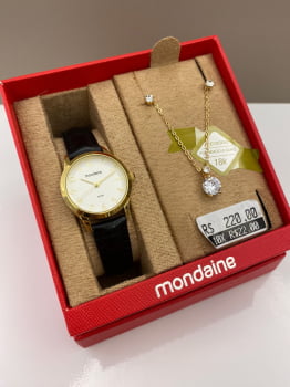 Kit Relógio Mondaine Feminino Dourado Todo Numerado Visor Branco Texturizado Pulseira em Couro Preta Pequeno Á Prova d'água 32794LPMKDH1