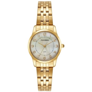 Kit Relógio Mondaine Feminino Dourado Todo Numerado Visor Madrepérola Á Prova d'água 99919LPMKDE1