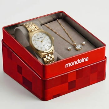 Kit Relógio Mondaine Feminino Dourado Todo Numerado Visor Madrepérola Á Prova d'água 99919LPMKDE1
