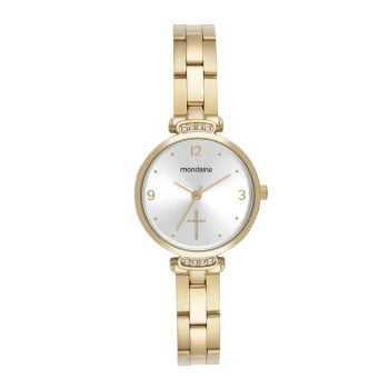 Kit Relógio Mondaine Feminino Dourado Visor Branco com Cruz Á Prova d'água 32964LPMKDE1