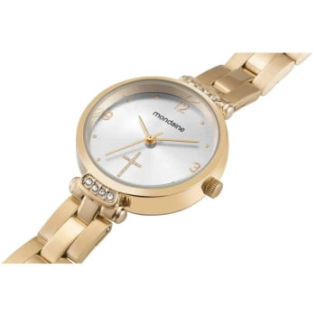 Kit Relógio Mondaine Feminino Dourado Visor Branco com Cruz Á Prova d'água 32964LPMKDE1