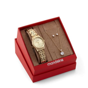 Kit Relógio Mondaine Feminino Dourado Visor Champanhe com Cristais Á Prova d'água 32720LPMKDE1