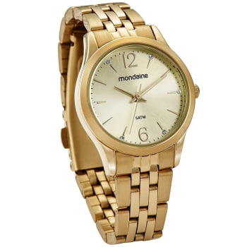Kit Relógio Mondaine Feminino Dourado Visor Champanhe com Cristais Á Prova d'água32606LPMKDE1