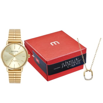 Kit Relógio Mondaine Feminino Dourado Visor Champanhe com Cristais e Inscrição Amore á Prova d'água 32774LPMKDE1
