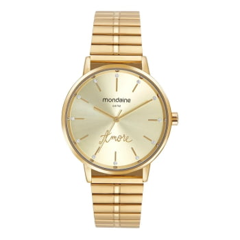 Kit Relógio Mondaine Feminino Dourado Visor Champanhe com Cristais e Inscrição Amore á Prova d'água 32774LPMKDE1