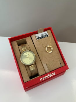 Kit Relógio Mondaine Feminino Dourado Visor Champanhe com Cristais Pulseira Milanesa á Prova D'água 32873LPMKDE1