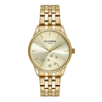 Kit Relógio Mondaine Feminino Dourado Visor Champanhe com Estrelas Caixa Serrilhada Á Prova d'água 32536LPMKDE1 