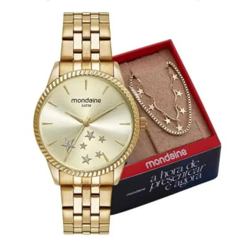 Kit Relógio Mondaine Feminino Dourado Visor Champanhe com Estrelas Caixa Serrilhada Á Prova d'água 32536LPMKDE1 