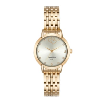Kit Relógio Mondaine Feminino Dourado Visor Champanhe efeito metálico com Detalhe de Coração á Prova D'água 99801LPMKDE1