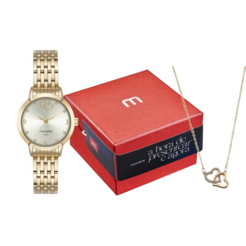 Kit Relógio Mondaine Feminino Dourado Visor Champanhe efeito metálico com Detalhe de Coração á Prova D'água 99801LPMKDE1