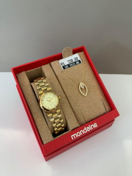 Kit Relógio Mondaine Feminino Dourado Pequeno Visor Champanhe Escovado com Cristais á Prova D'água 32871LPMKDE1