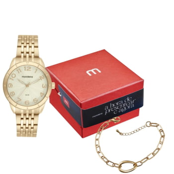 Kit Relógio Mondaine Feminino Dourado Visor Champanhe Texturizado efeito metálico com Numeração Completa á Prova D'água 99802LPMKDE1