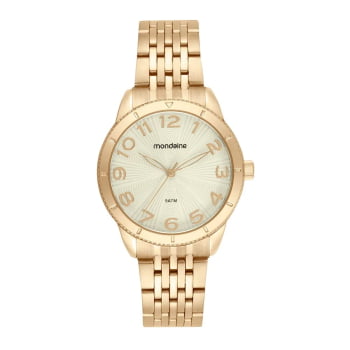 Kit Relógio Mondaine Feminino Dourado Visor Champanhe Texturizado efeito metálico com Numeração Completa á Prova D'água 99802LPMKDE1