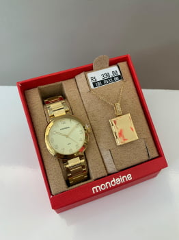 Kit Relógio Mondaine Feminino Dourado Visor Champanhe Texturizado Numeração Completa á Prova D'água 32904LPMKDE1