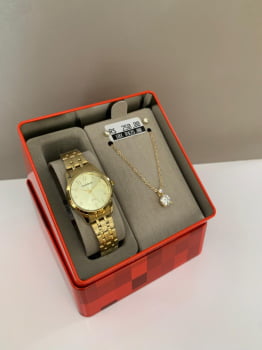 Kit Relógio Mondaine Feminino Dourado Visor Champanhe Todo Numerado Á Prova d'água  99913LPMKDE1