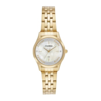Kit Relógio Mondaine Feminino Dourado Visor com (Entrego, Confio, Aceito e Agradeço) e Cristais Á Prova d'água 32965LPMKDE1