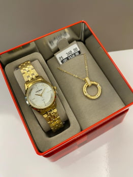 Kit Relógio Mondaine Feminino Dourado Visor com (Entrego, Confio, Aceito e Agradeço) e Cristais Á Prova d'água 32965LPMKDE1