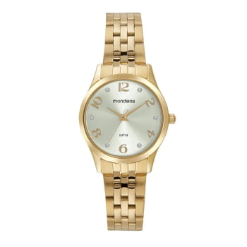 Kit Relógio Mondaine Feminino Dourado Visor Metálico com Cristais Á Prova d'água 32724LPMVDE1