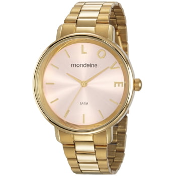 Kit Relógio Mondaine Feminino Dourado Visor Rose com Detalhe Love Á Prova d'água 53761LPMKDE1