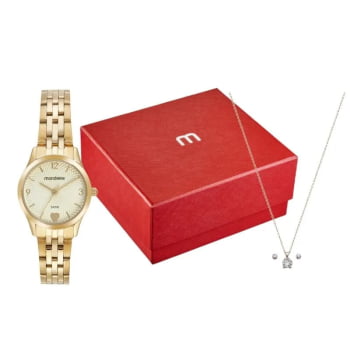 Kit Relógio Mondaine Feminino Dourado Visor Texturizado com Detalhe de Coração á Prova D'água 32795LPMKBE1