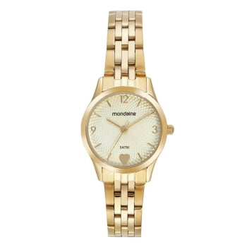 Kit Relógio Mondaine Feminino Dourado Visor Texturizado com Detalhe de Coração á Prova D'água 32795LPMKBE1