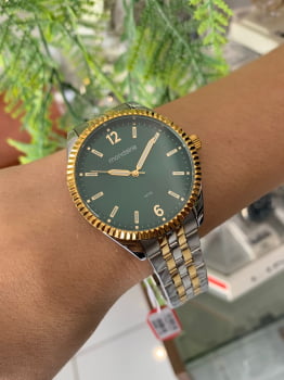 Relógio Mondaine Bicolor Dourado Prateado Visor Verde com Caixa Serrilhada Á Prova d'água 32500LPMKBE2