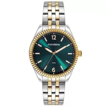 Relógio Mondaine Bicolor Dourado Prateado Visor Verde com Caixa Serrilhada Á Prova d'água 32500LPMKBE2