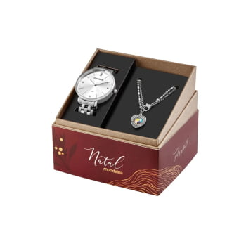 Kit Relógio Mondaine Feminino Prata Colar Coração á Prova D'Agua 32462L0MKNE2