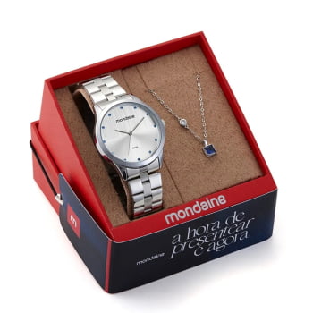 Kit Relógio Mondaine Feminino Prata Visor Minimalista com Cristais Azul á Prova d'água 32533L0MKNE2