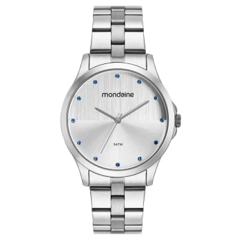 Kit Relógio Mondaine Feminino Prata Visor Minimalista com Cristais Azul á Prova d'água 32533L0MKNE2