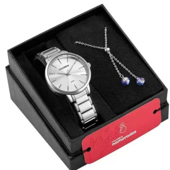 Kit Relógio Mondaine Feminino Prateado Visor Prateado com Cristais Azul Á Prova d'água 32499L0MKNE2