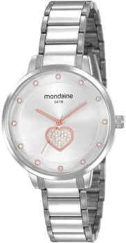 Kit Relógio Mondaine Feminino Prateado com Coraçâo e Cristais Visor Prateado Á Prova d'água 53863L0MVNE2K4
