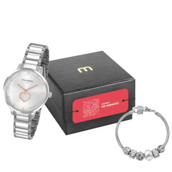 Kit Relógio Mondaine Feminino Prateado com Coraçâo e Cristais Visor Prateado Á Prova d'água 53863L0MVNE2K4