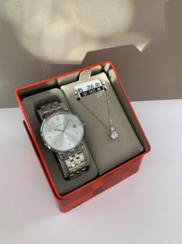 Kit Relógio Mondaine Feminino Prateado Minimalista com Numeração completa Visor Prateado Á Prova d'água 99907L0MKNE2