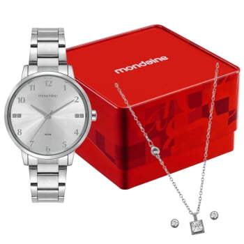 Kit Relógio Mondaine Feminino Prateado Minimalista visor prateado texturizado Á Prova d'água 99923L0MKNE2