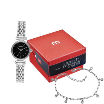 Kit Relógio Mondaine Feminino Prateado Pequeno Visor Preto Minimalista á Prova D'água 32866L0MKNE2