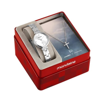 Kit Relógio Mondaine Feminino Prateado Visor Branco com Cruz Á Prova d'água 32964L0MKNE2
