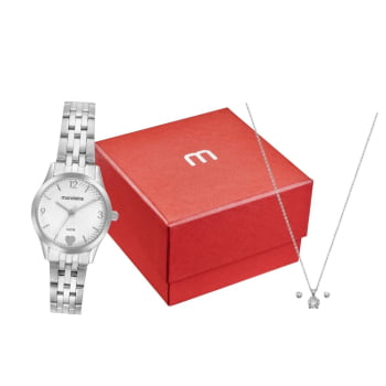 Kit Relógio Mondaine Feminino Prateado Visor Prata Texturizado com Detalhe de Coração á Prova D'água 32795L0MKNE2