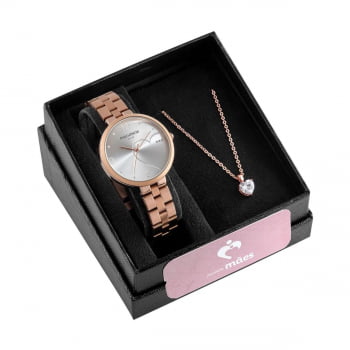 Kit Relógio Mondaine Feminino Rose Visor Prateado com Coração e Cristais Á Prova d'água 32501LPMKRE3