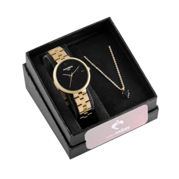 Kit Relógio Mondaine Feminino Romântico Coração Cristais Preto com Dourado á prova D'água 32501LPMKDE1