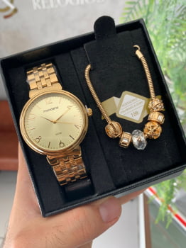 Kit Relógio Mondaine Feminino Social Monocromático Dourado á Prova D'água 99068LPMVDE1